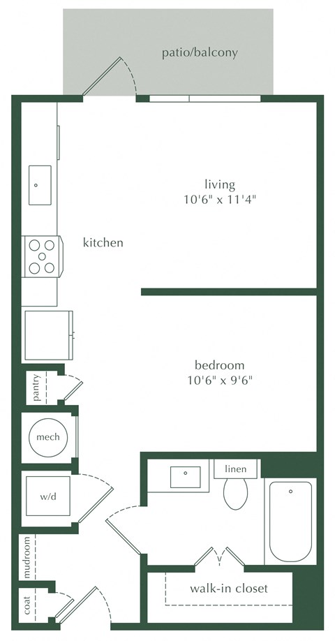 Floor plan for studio, 1 bath, 568 sqft